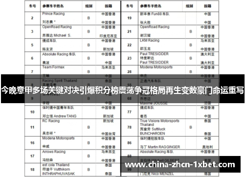 今晚意甲多场关键对决引爆积分榜震荡争冠格局再生变数豪门命运重写
