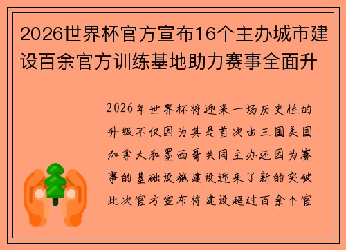 2026世界杯官方宣布16个主办城市建设百余官方训练基地助力赛事全面升级 ⚽ 2026世界杯官方宣布16个主办城市建设百余官方训练基地助力赛事全面升级 ⚽