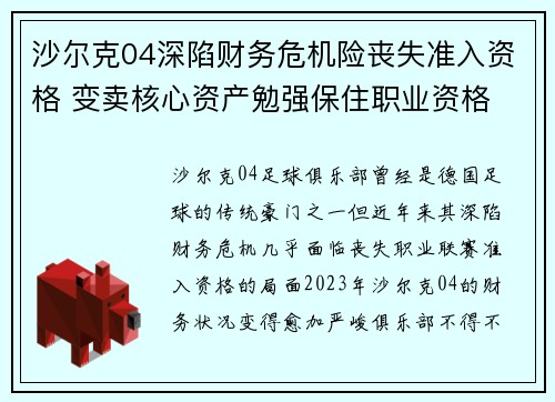 沙尔克04深陷财务危机险丧失准入资格 变卖核心资产勉强保住职业资格 沙尔克04深陷财务危机险丧失准入资格 变卖核心资产勉强保住职业资格